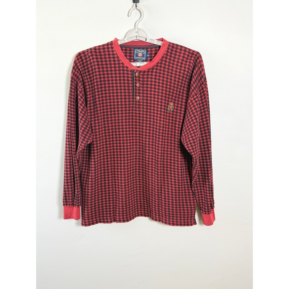 Chaps Ralph Lauren Henley Shirt XL Red Buffalo Check Crest Cotton Long Sleeve